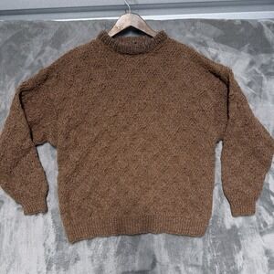 Vintage Hand Knit Sweater Womens Medium Alpaca Wool Brown Cable Chunky Knit